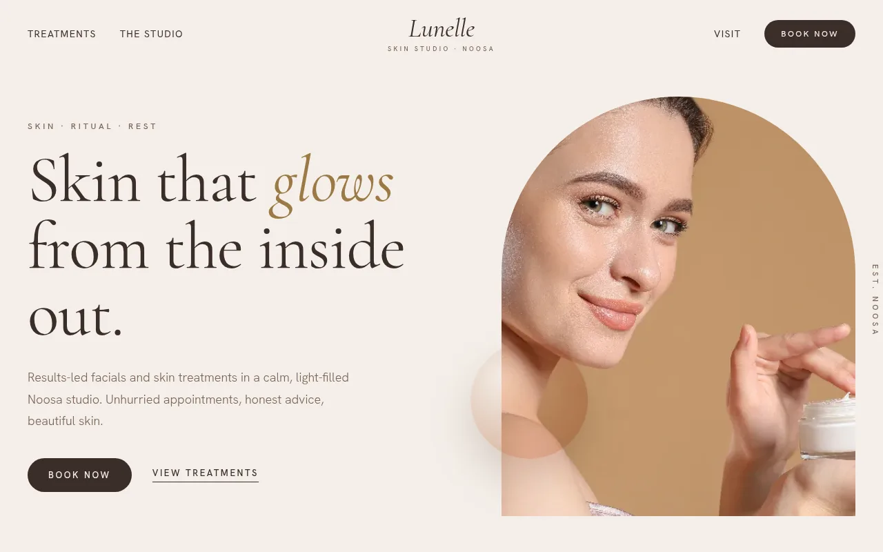 Laptop view of the concept website design for Lunelle Skin Studio, a fictional a skin studio