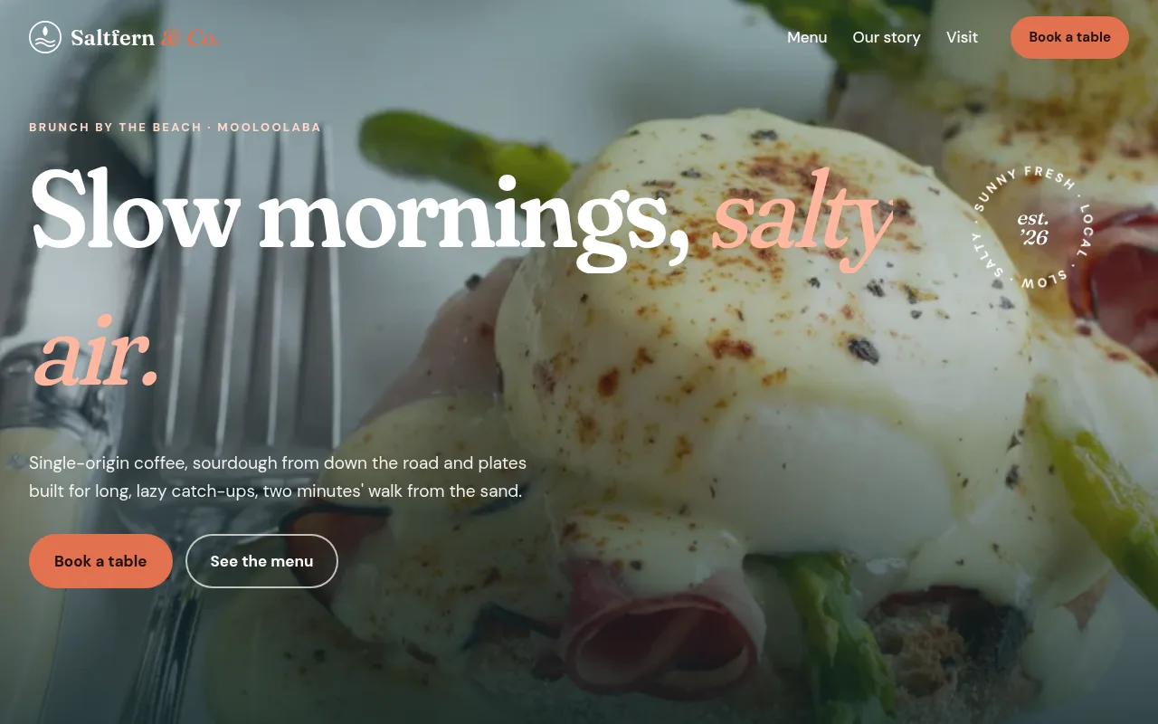 Laptop view of the concept website design for Saltfern & Co. Café, a fictional a brunch café